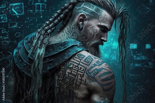 Viking warrior in the style of cyberpunk, merging the rugged and raw aesthetic of the ancient Norse with futuristic elements. Generative AI