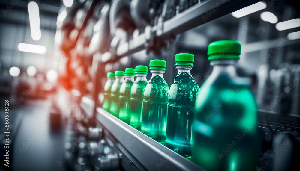 Line of bottling beverages in plastic bottles on clean light factory, generative ai Line of bottling beverages in plastic bottles on clean light factory, generative ai