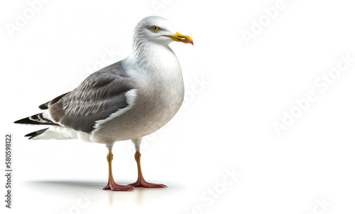 Seagull is standing on white background. Generative AI.