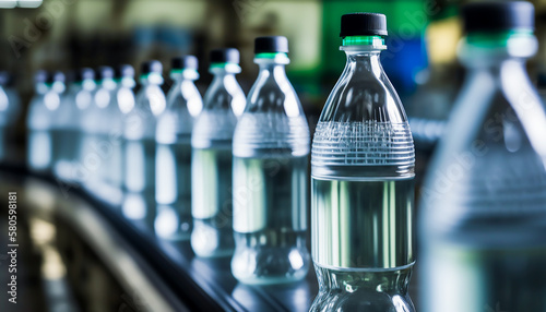 Line of bottling beverages in plastic bottles on clean light factory, generative ai