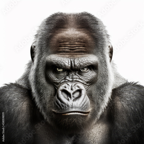 Portrait of gorilla isolated on white background. Generative AI.