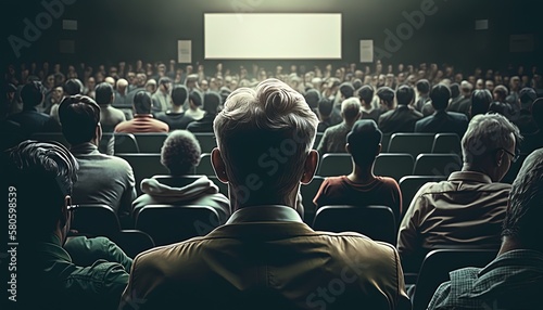 a lot of people attend big event conference with empty screen, idea for study learning and propaganda concept, Generative Ai