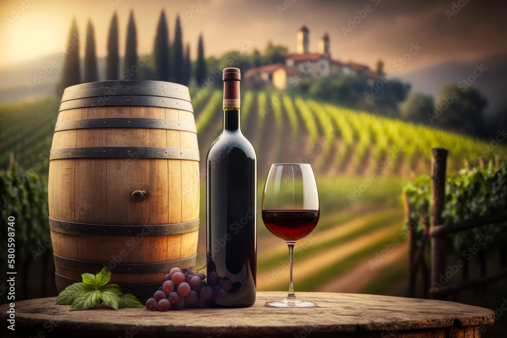 Glass of wine and barrel of wine in front of vineyard. Generative AI.