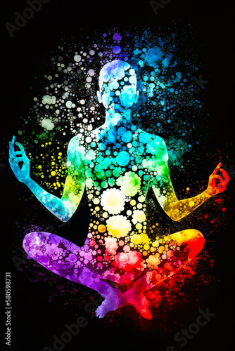Man meditating in the lotus position on black background. Generative AI. © valentyn640