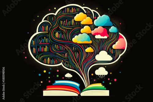 An image of book with clouds in the shape of brain. Generative AI.