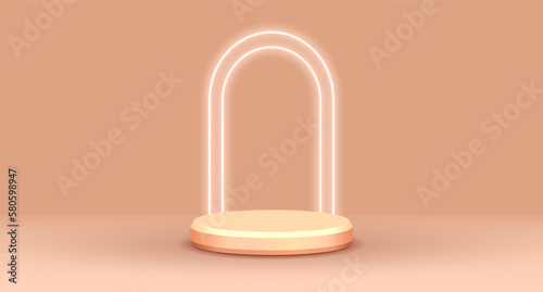 Podium on pink and cream background and glowing arch, stage template for presentation. Gentle backdrop for advertising and premium banners, posters, billboards, signs and websites. Vector illustration