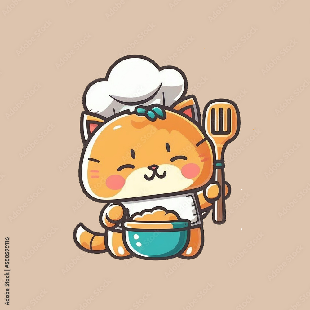 A cat cooking like a chef, cute animal, premium vector art, illustration, flat cartoon design, Generative AI