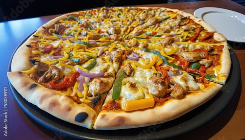 huge close-up homemade style pizza with full topping, Thai green curry chicken pizza, Generative Ai