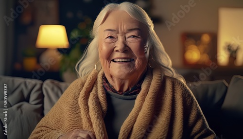close up portrait of happy grandmother smiling at living room, Generative Ai photo