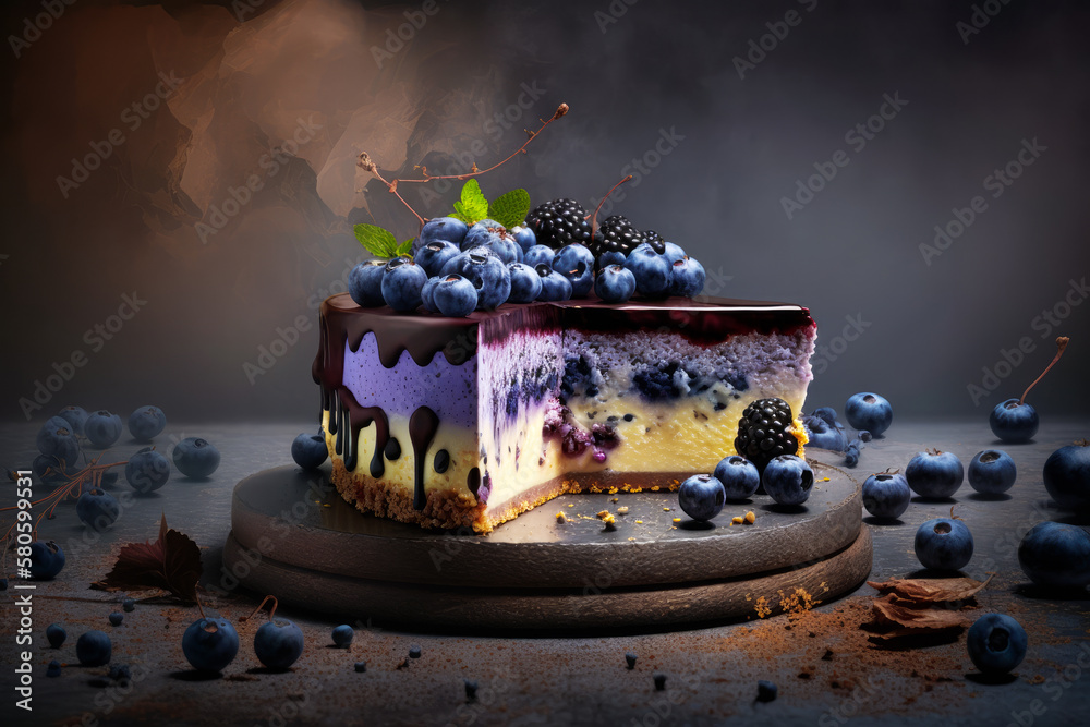 Piece of cake with blueberries on top. Generative AI.