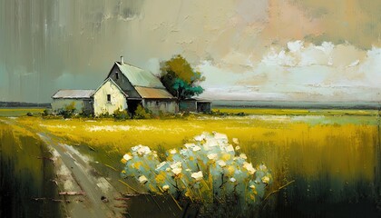 Leinwandbilder Honigfarbe paint like illustration of wooden house on summer rural field,  idea for home art wall decor, Generative Ai  © QuietWord