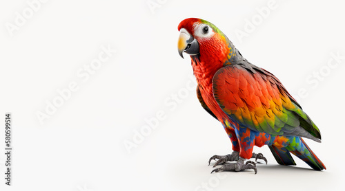 Colorful parrot is standing on white background. Generative AI.