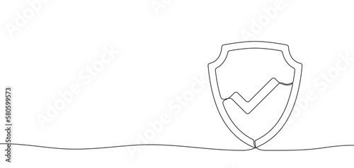 Security shield with check mark of one continuous line drawn. Shield drawn in one line. Safety and anti-virus protection concept. Vector illustration.