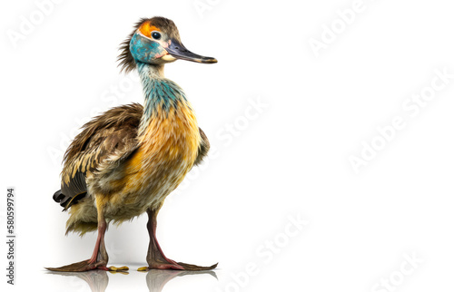Bird with blue and yellow feathers standing in front of white background. Generative AI. © valentyn640