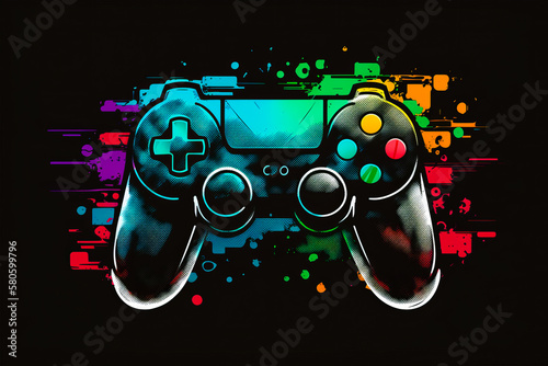 Colorful video game controller on black background. Generative AI.