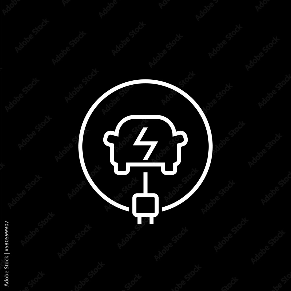 Car electric vehicle charger logo icon. Hybrid ev car station eco sign isolated on black Car electric vehicle charger logo icon. Hybrid ev car station eco sign isolated on black