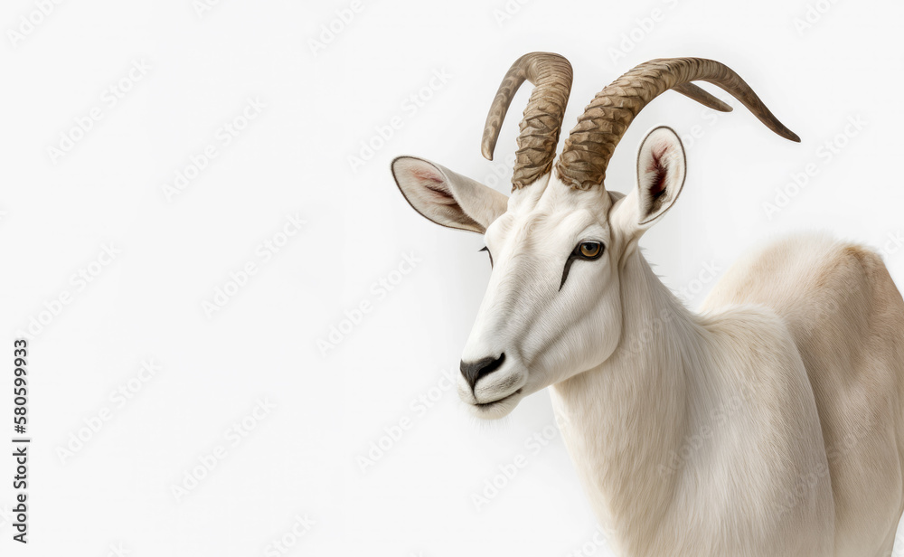 White goat with long horns on white background. Generative AI.
