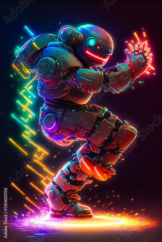 Robot dancing in the dark with colorful lights. Generative AI.