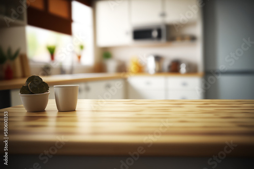 Two cups sit on wooden counter in front of kitchen. Generative AI.