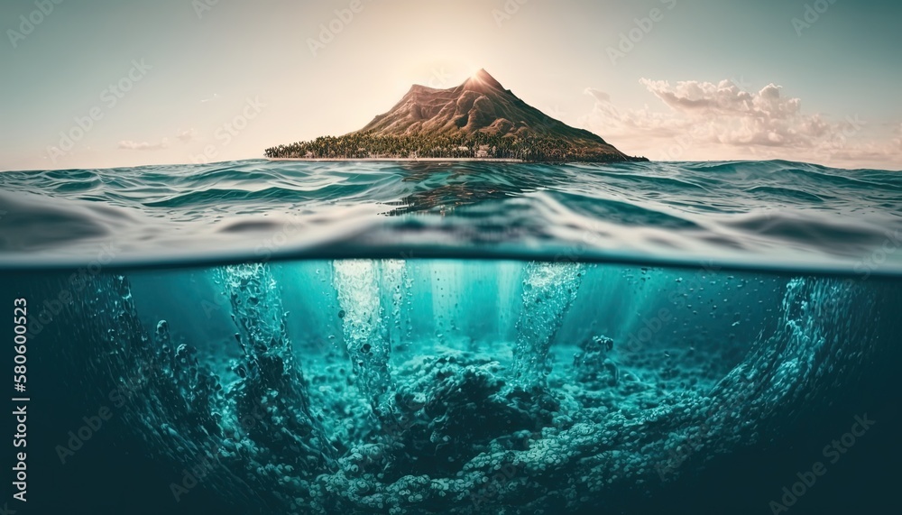 seascape both contrast view from above water and underwater landscape, idea for summer travel atmosphere, Generative Ai