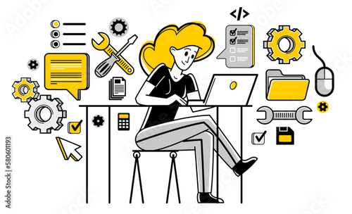 Technician computer engineer woman repairing pc vector outline illustration, fixing system work with software and hardware, system administrator.