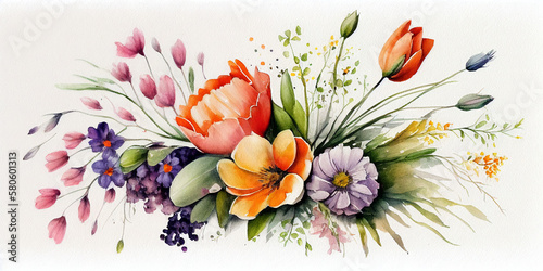 Beautiful spring flowaers watercolor illustration. AI generated illustration photo