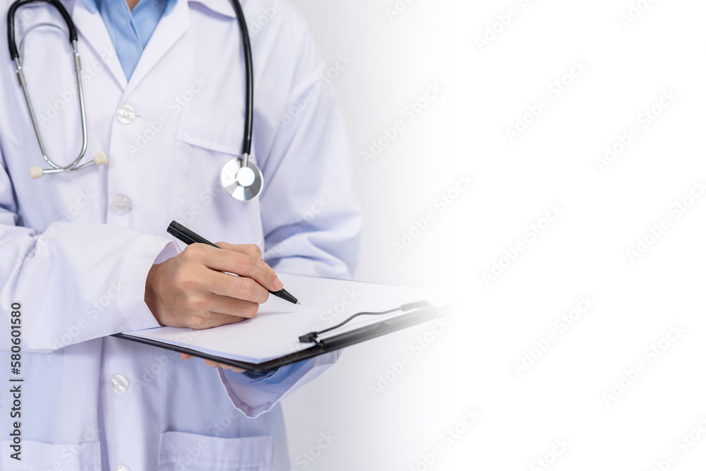 Part of female doctor in medical form writing treatment record Part of female doctor in medical form writing treatment record