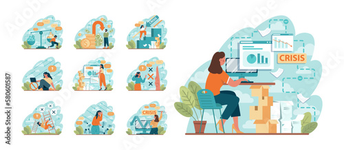 Crisis set. Office worker facing financial instability and profit decline