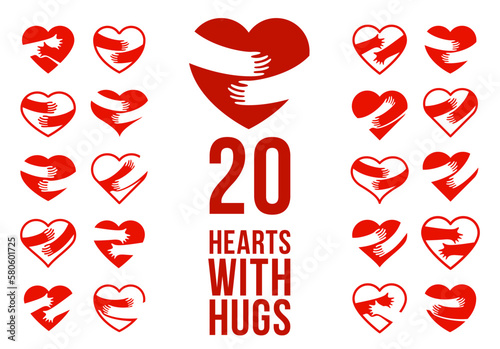 Hearts with hugs vector logos or icons set, hands holding heart care and relationship concept, support and protection theme, love yourself.