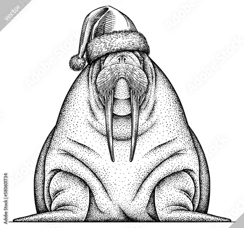 Vintage engrave isolated walrus set dressed christmas illustration ink santa costume sketch. Sea seal background arctic new year hat vector art