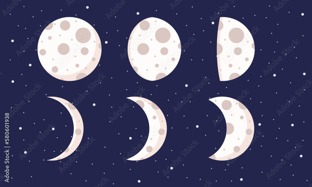 Cute cartoon moon phase collection vector illustration. Whole cycle from new moon to full moon Cute cartoon moon phase collection vector illustration. Whole cycle from new moon to full moon