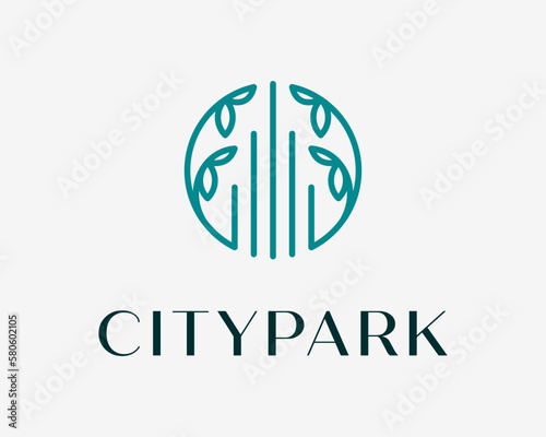 City Building Architecture Park Leaf Branch Nature Elegant Linear Simple Circle Vector Logo Design