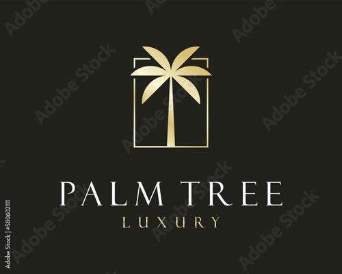 Luxury Elegant Gold Classy Palm Coconut Tree Tropical Nature Park Silhouette Vector Logo Design