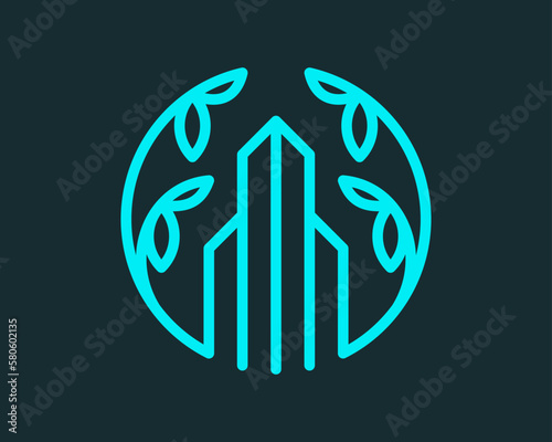 City Building Architecture Park Leaf Branch Nature Elegant Linear Simple Circle Vector Logo Design