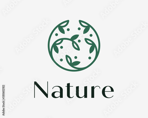 Nature Leaf Green Foliage Natural Organic Branch Beautiful Circle Round Elegant Vector Logo Design
