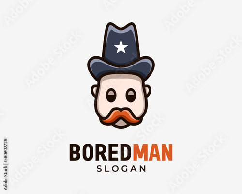 Cartoon Mascot Funny Old Man Mustache Guy Western Sheriff Texas Bored Tired Lazy Vector Logo Design