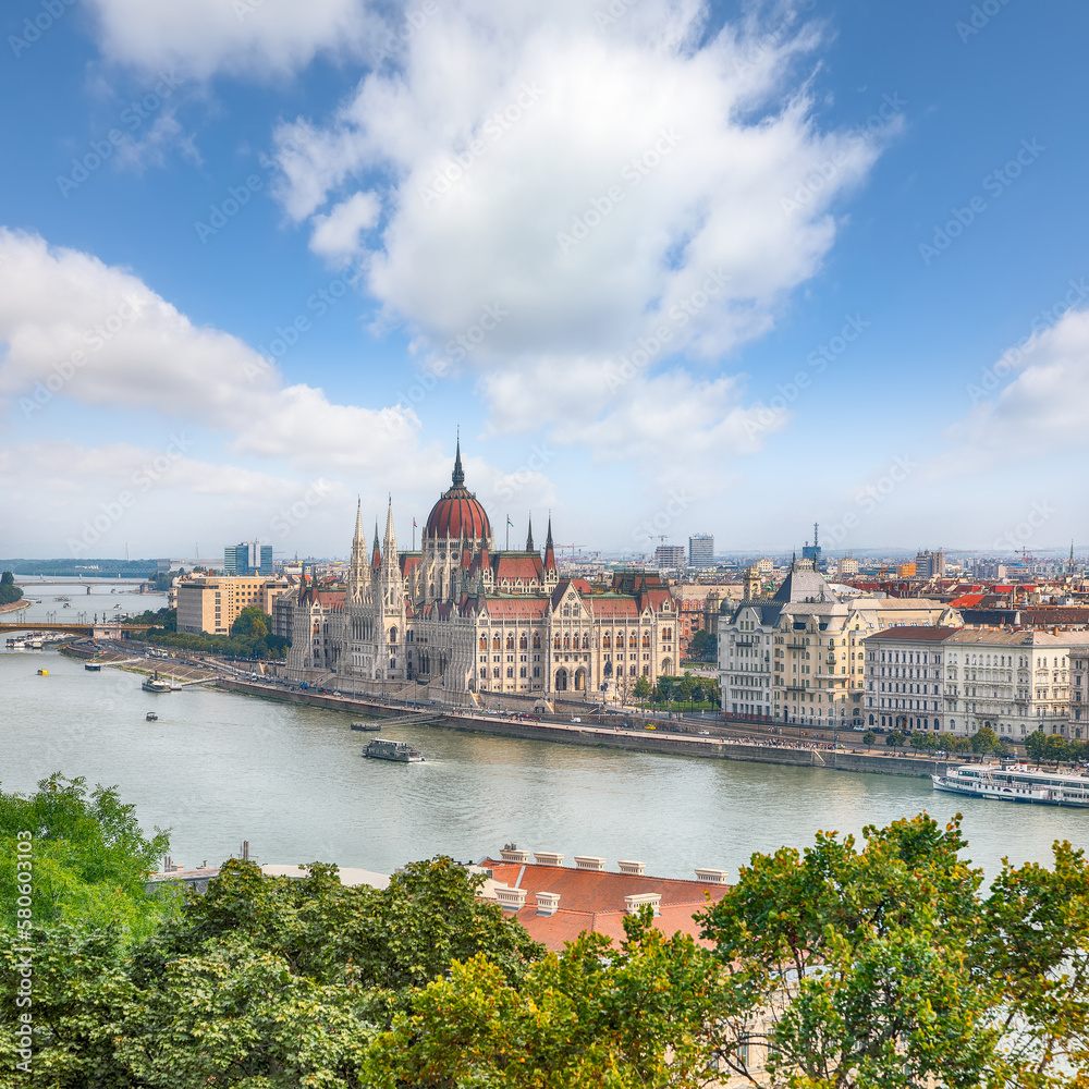 Astonishing cityscape of Budapest  with  Széchenyi Chain bridge over Danube river and Hungarian Parliament.