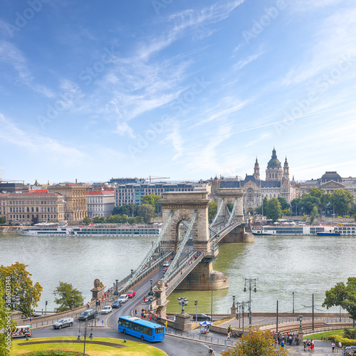 Breathtaking cityscape of Budapest with Széchenyi Chain bridge over Danube river