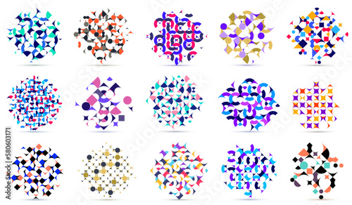 Abstract geometric designs big set vector pattern compositions, colorful 70s retro style templates art isolated over white, creative elegant backgrounds.