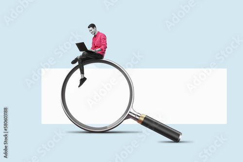 A man with a laptop is sitting on a big magnifying glass. Art collage. Searching for information on the internet concept. photo