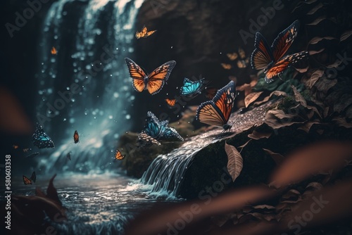 A mesmerizing tale: Epic Composition of butterfly and insect wildlife flying near a stunning forest waterfall in Unreal Engine 5's ultra-wide angle , Generative ai
