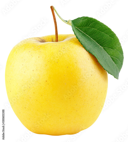 Yellow apple fruit with green leaf isolated on transparent background. Golden apple