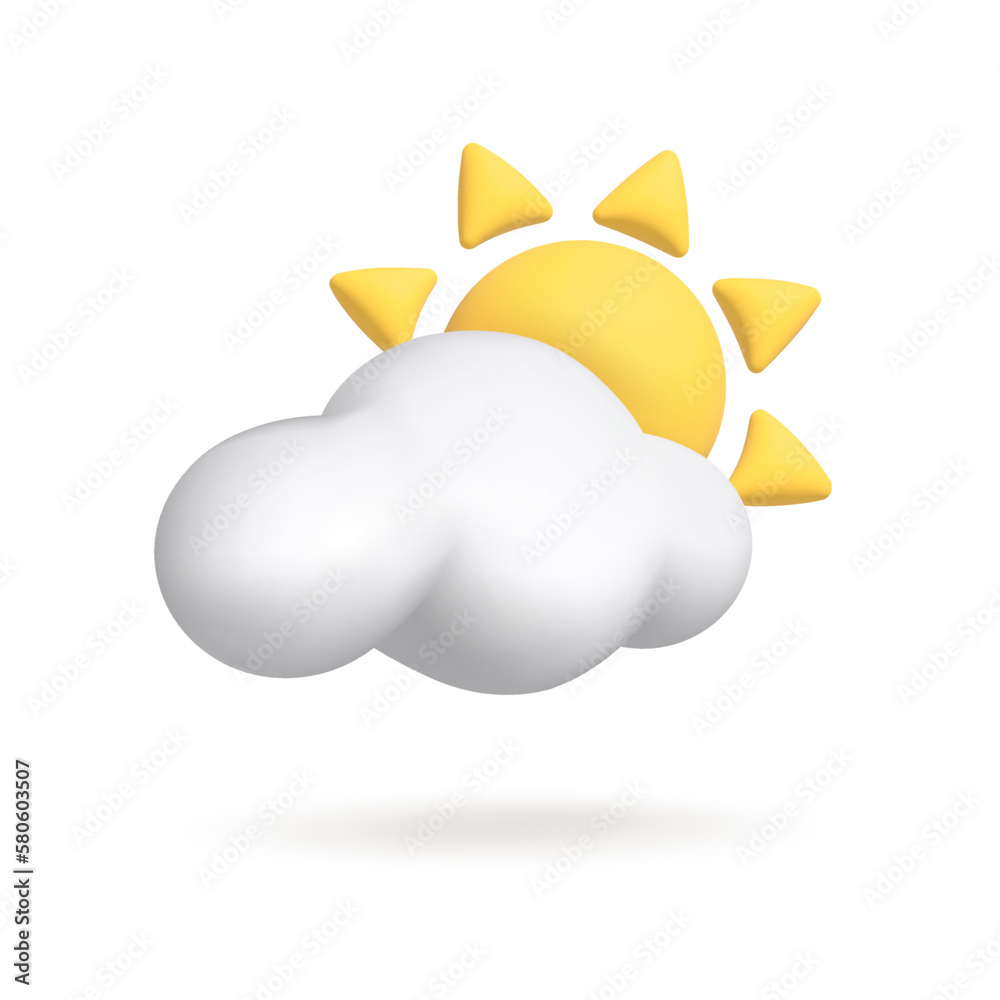 Vector 3d icon isolated on white background. Weather icon. Yellow sun with rays and white cloud. Vector illustration for postcard, icons, poster, banner, web, design, arts. Vector 3d icon isolated on white background. Weather icon. Yellow sun with rays and white cloud. Vector illustration for postcard, icons, poster, banner, web, design, arts.