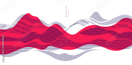 Oriental Japanese style vector abstract illustration in red color, background in Asian traditional style, wavy shapes and mountains terrain, runny like sea lines.