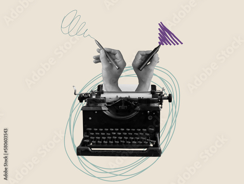 Art collage with old typewriter and hands with pen. Storytelling, creativity and blogging concept. photo