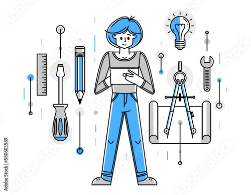 Engineer working on a project, mechanic specialist doing his job on draft plan vector outline illustration, creative inventor, machine repair.