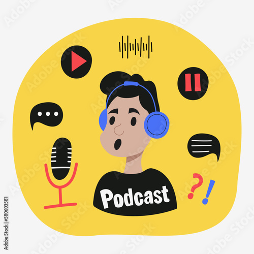 Cartoon vector illustration in doodle style for podcast. A man with headphones speaks into a microphone. Recording and listening to broadcasts, podcasts, radio broadcasts. Concept of a podcast sketch.