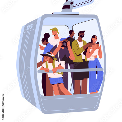 Tourists in cablecar, suspended cabin of ropeway. Happy passengers crowd inside cable car of rope way. People in aerial tram, touristic transport. Flat vector illustration isolated on white background