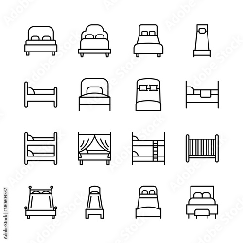Bed flat line icons set. Different types of bed design and styles. Simple flat vector illustration for web site or mobile app.