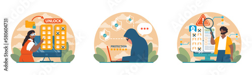 Ethical hacker set. Character conducting a security penetration test. White